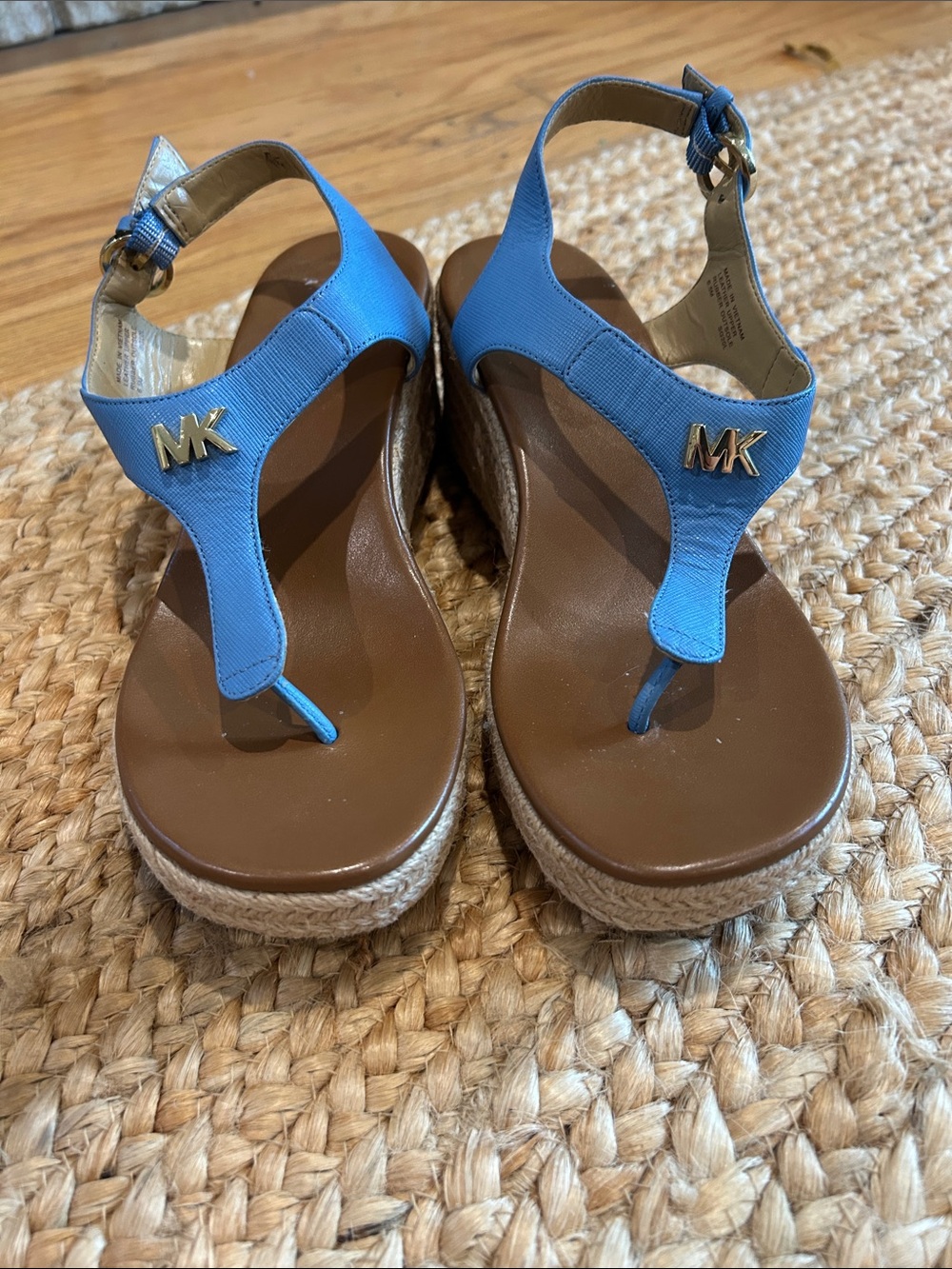 Michael Kors Light Blue Thong Wedge Sandals with Gold MK Accents